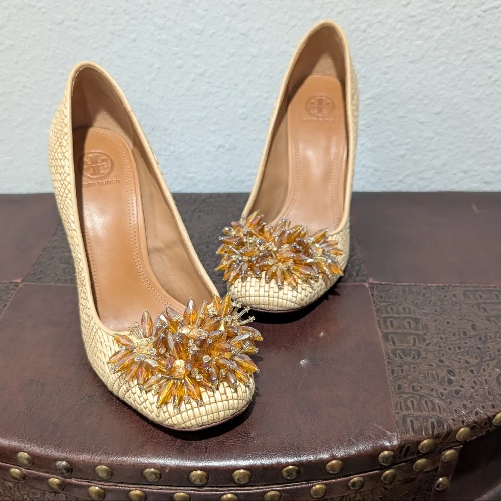 Tory Burch Metallic Kendra Raffia Pump Heels size 9.5